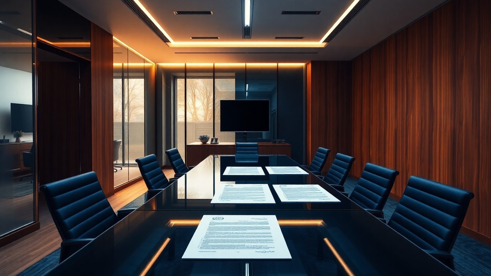Interior editorial al biroului ConsultCorner din Cluj-Napoca cu masă de conferință și documente juridice